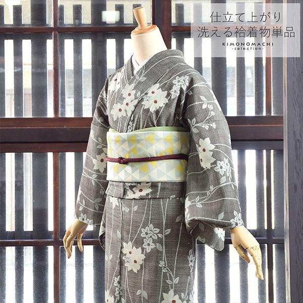 洗える着物 袷 小紋 単品「カーキグレー 花枝 TM-22」お仕立て上がり 