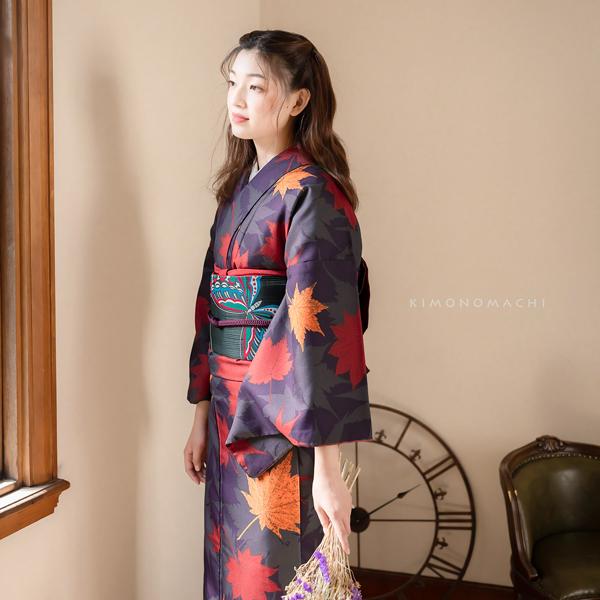 ★雨の日も着物でお出かけ洗える着物　袷　未使用品　チョウ可愛い濃い紺地に椿と梅★ ☆雨の日も着物でお出かけ洗える着物袷未使用品チョウ可愛い濃い