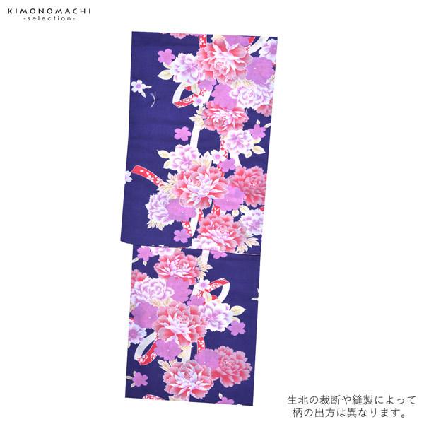 浴衣 レディース 単品 「夏ごころ浴衣 紺 ピンク、赤色の牡丹」 10代