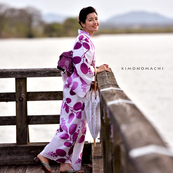 KIMONOMACHI 浴衣 レディース 単品 「紫 萩」 サイズF/TL 綿浴衣