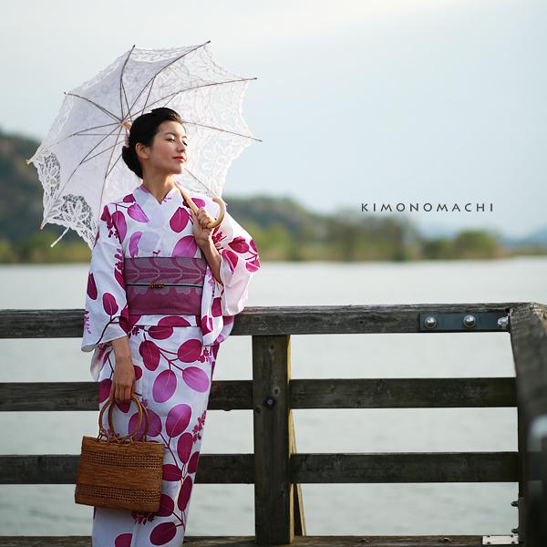 Sサイズ 浴衣 綿 女性 KIMONOMACHI 浴衣 レディース 単品 「紫 萩」 サイズF/TL 綿浴衣