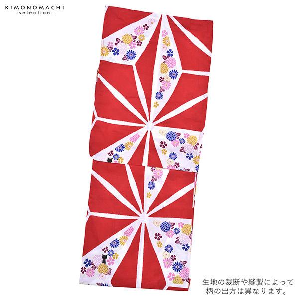 浴衣 レディース 単品 「赤色 麻の葉にお花と猫」 F TL LW フリーサイズ トールサイズ 大きいサイズ yukata 【メール便不可】