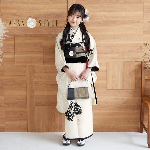七五三 着物 7歳 フルセット 購入 ブランド 四つ身着物JAPAN STYLE ジャパンスタイル 「白地、片身替わり　八重菊」 女の子 7才 女児用  (送料無料)