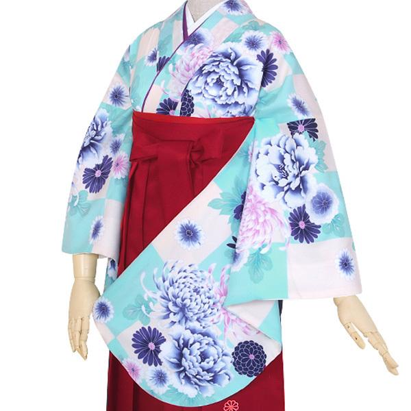 【中古品】卒業式袴セット 「二尺袖:オフホワイト 市松に菊牡丹+袴:赤×ぼかし」 貸衣装処分 レンタル処分品 二尺袖 袴 卒業式、謝恩会に 【メール便不可】
