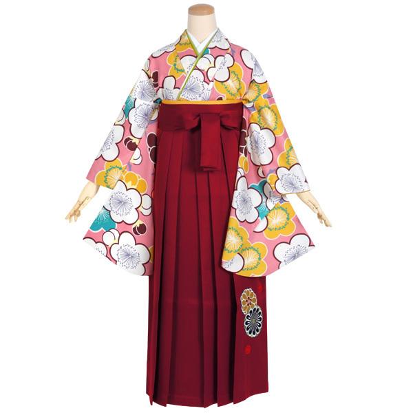 【中古品】卒業式袴セット 「二尺袖:ピンク 梅の花+袴:エンジ×矢絣」 貸衣装処分 レンタル処分品 二尺袖 袴 卒業式、謝恩会に 【メール便不可】