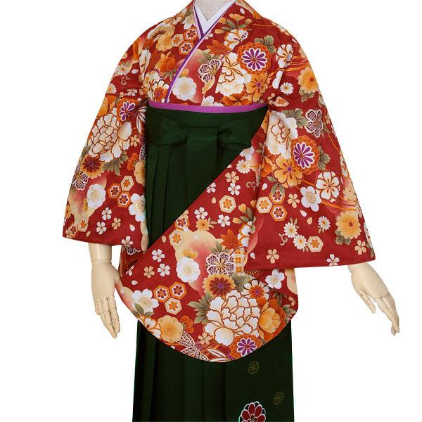【中古品】卒業式袴セット 「二尺袖:赤 雪輪花くす玉+袴:ライトグリーン×刺繍」 貸衣装処分 レンタル処分品 二尺袖 袴 卒業式、謝恩会に 【メール便不可】