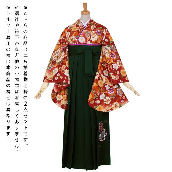 【中古品】卒業式袴セット 「二尺袖:赤 雪輪花くす玉+袴:ライトグリーン×刺繍」 貸衣装処分 レンタル処分品 二尺袖 袴 卒業式、謝恩会に 【メール便不可】