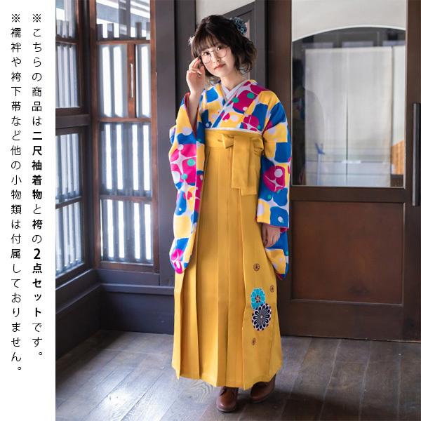 【中古品】卒業式袴セット 「二尺袖:格子水玉+袴:金茶×菊 刺繍」 貸衣装処分 レンタル処分品 二尺袖 袴 卒業式、謝恩会に 【メール便不可】