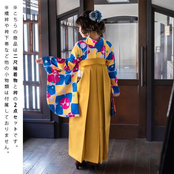 【中古品】卒業式袴セット 「二尺袖:格子水玉+袴:金茶×菊 刺繍」 貸衣装処分 レンタル処分品 二尺袖 袴 卒業式、謝恩会に 【メール便不可】