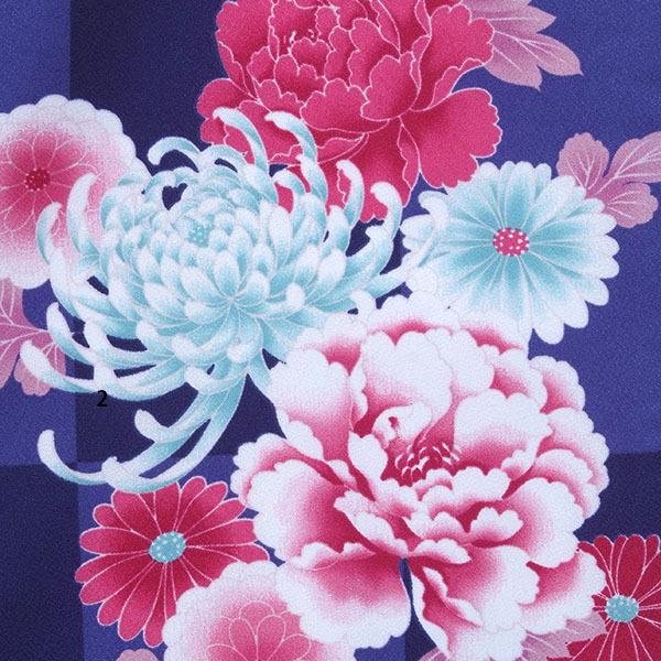 【中古品】卒業式袴セット 「二尺袖:青 市松に菊牡丹+袴:ローズピンク×刺繍」 貸衣装処分 レンタル処分品 二尺袖 袴 卒業式、謝恩会に 【メール便不可】