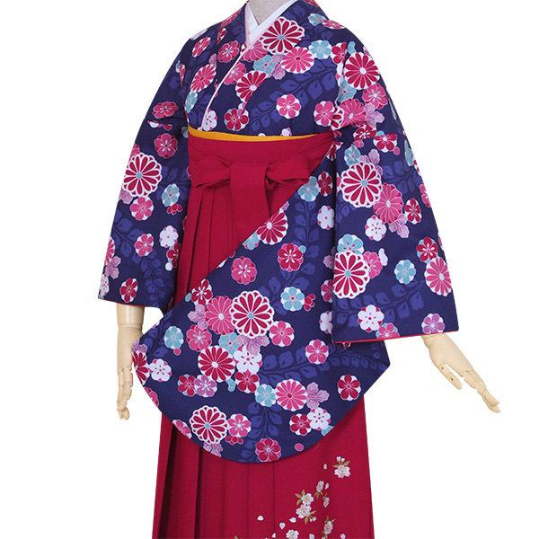 【中古品】卒業式袴セット 「二尺袖:紺 藤に菊梅+袴:ローズピンク×刺繍」 貸衣装処分 レンタル処分品 二尺袖 袴 卒業式、謝恩会に 【メール便不可】