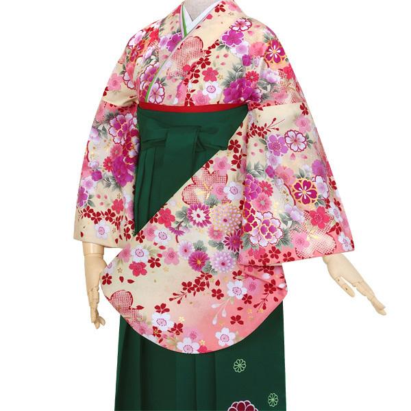 【中古品】卒業式袴セット 「二尺袖:クリーム 桜に花紋+袴:ライトグリーン×刺繍」 貸衣装処分 レンタル処分品 二尺袖 袴 卒業式、謝恩会に 【メール便不可】