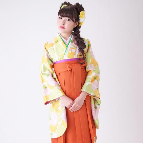 【中古品】卒業式袴セット 「二尺袖:パステル格子水玉+袴:橙×菊 刺繍」 貸衣装処分 レンタル処分品 二尺袖 袴 卒業式、謝恩会に 【メール便不可】