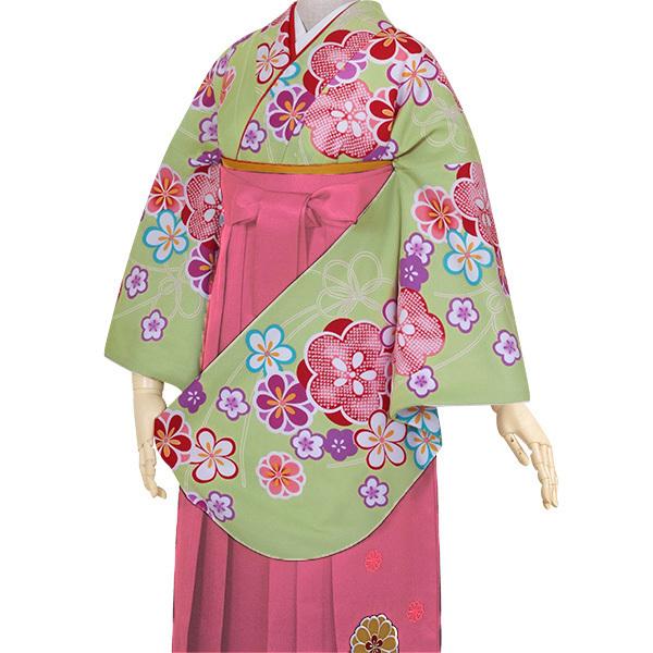 【中古品】卒業式袴セット 「二尺袖:緑 疋田梅+袴:ピンク×桜 刺繍」 貸衣装処分 レンタル処分品 二尺袖 袴 卒業式、謝恩会に 【メール便不可】