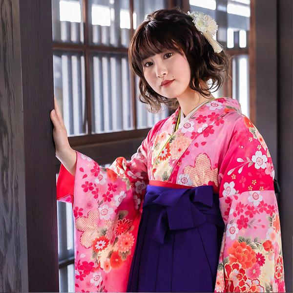 中古品)卒業式袴セット 「二尺袖:ピンク 桜に花紋+袴:青紫 中古品)卒業式袴セット 「二尺袖:ピンク 桜に花紋+袴:青紫