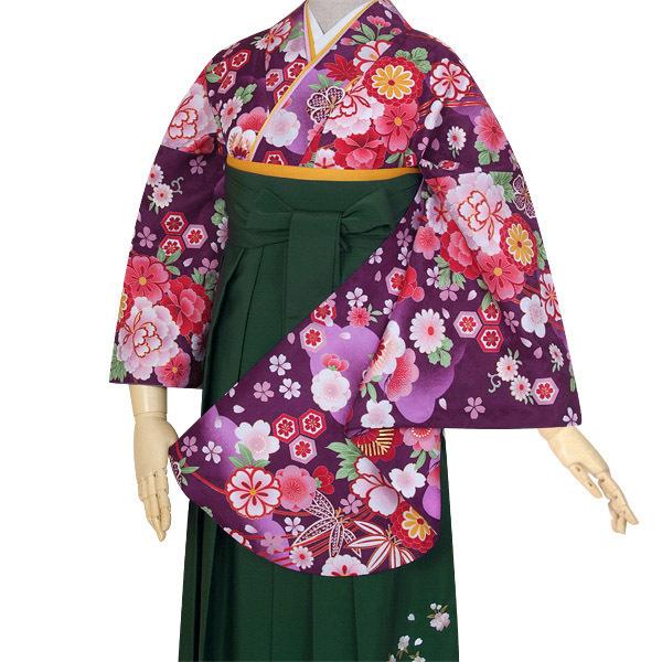 【中古品】卒業式袴セット 「二尺袖:紫 雪輪花くす玉+袴:ライトグリーン×刺繍」 貸衣装処分 レンタル処分品 二尺袖 袴 卒業式、謝恩会に 【メール便不可】