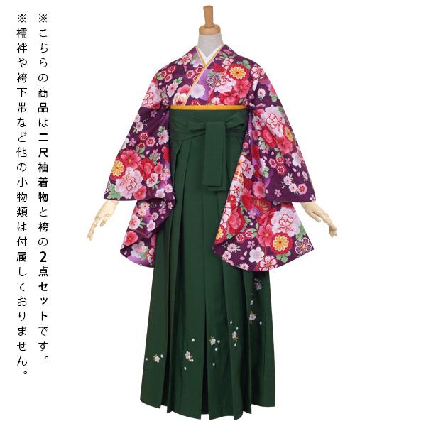 【中古品】卒業式袴セット 「二尺袖:紫 雪輪花くす玉+袴:ライトグリーン×刺繍」 貸衣装処分 レンタル処分品 二尺袖 袴 卒業式、謝恩会に 【メール便不可】