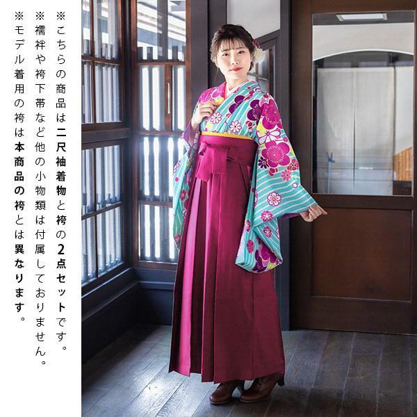 【中古品】卒業式袴セット 「二尺袖:水色 縞に梅文様+袴:ラズベリーピンク×蝶 刺繍」 貸衣装処分 レンタル処分品 二尺袖 袴 卒業式、謝恩会に 【メール便不可】
