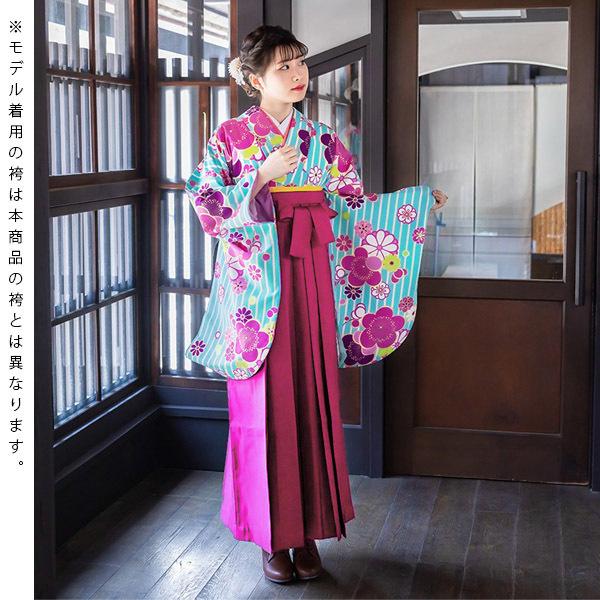 【中古品】卒業式袴セット 「二尺袖:水色 縞に梅文様+袴:ラズベリーピンク×蝶 刺繍」 貸衣装処分 レンタル処分品 二尺袖 袴 卒業式、謝恩会に 【メール便不可】