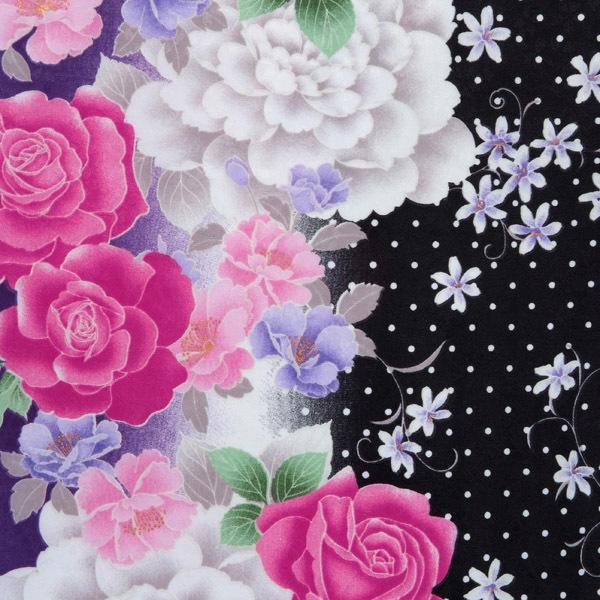 【中古品】卒業式袴セット 「二尺袖：黒×紫　ドットにワインの薔薇+袴：ピンク×ぼかし刺繍」 貸衣装処分 レンタル処分品 二尺袖 袴 卒業式、謝恩会に 【メール便不可】