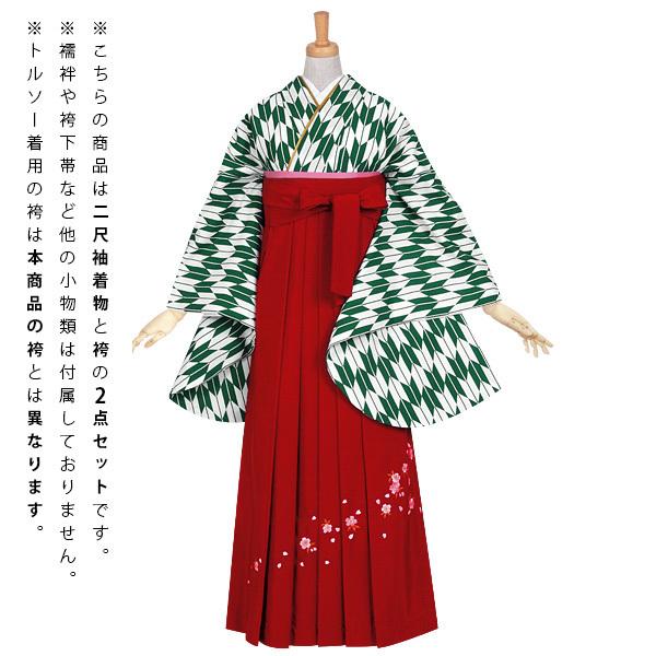 【中古品】卒業式袴セット 「二尺袖:緑 矢絣+袴:エンジ×矢絣」 貸衣装処分 レンタル処分品 二尺袖 袴 卒業式、謝恩会に 【メール便不可】