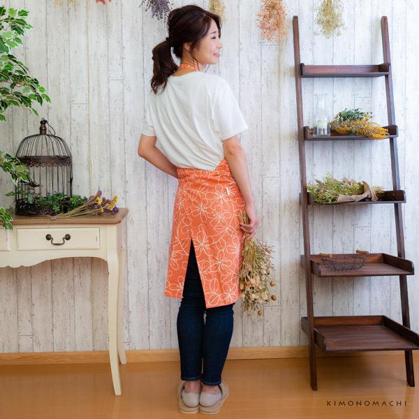 エプロン 「オレンジピンクお花」 日本製 オシャレ かわいい KIMONOMACHI オリジナル カフェエプロン 母の日 敬老の日 誕生日 プレゼント、ギフト、贈り物に最適 【送料無料】【メール便対応可】