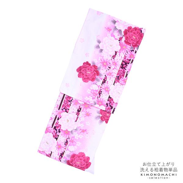 袷着物 単品「ピンクぼかし 牡丹とマーガレット」フリーサイズ 着物 小紋 洗える着物 お仕立て上がり 普段着きもの カジュアル着物 レディース ポリエステル 【メール便不可】ss2512kck35 袷着物 単品「ピンクぼかし 牡丹とマーガレット」フリーサイズ 着物