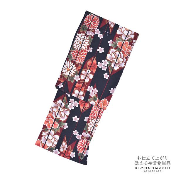 袷着物 単品「黒地 矢羽根に菊、牡丹、撫子」フリーサイズ 着物 小紋 洗える着物 お仕立て上がり 普段着きもの カジュアル着物 レディース ポリエステル 【メール便不可】ss2512kck35 袷着物 単品「黒地 矢羽根に菊、牡丹、撫子」フリーサイズ 着物 小紋