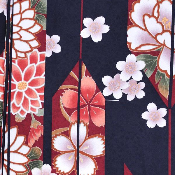 袷着物 単品「黒地 矢羽根に菊、牡丹、撫子」フリーサイズ 着物 小紋