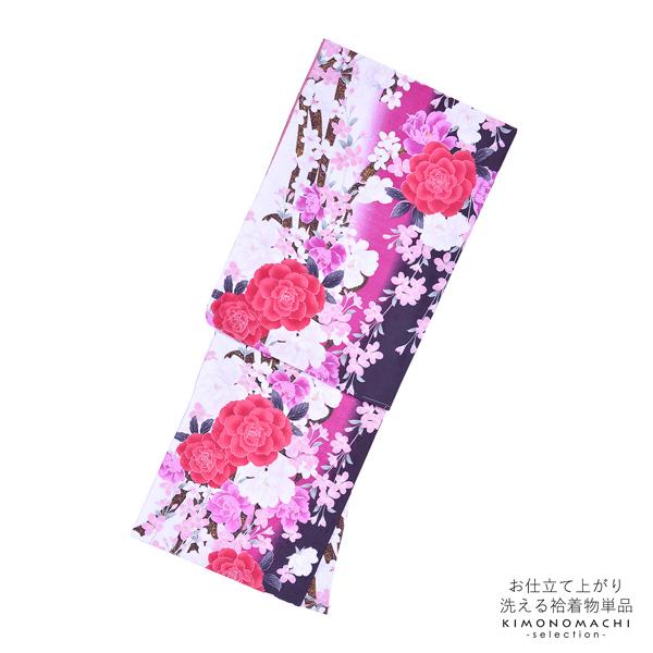 Prices down2）袷着物 単品「ピンクぼかし 薔薇と桜」フリーサイズ