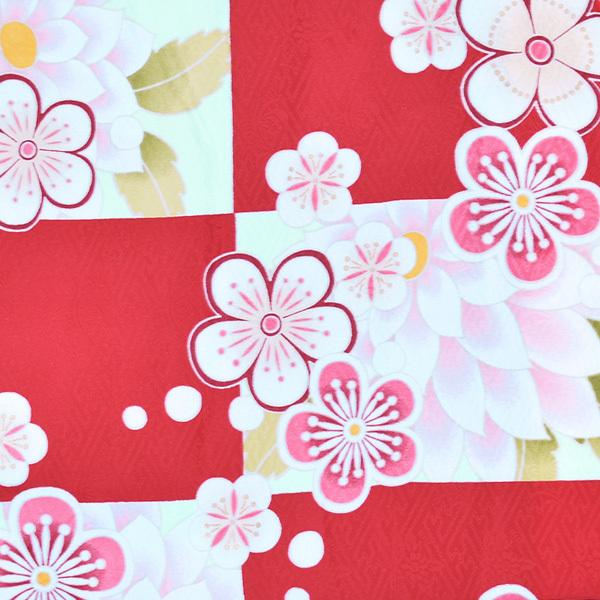 袷着物 単品「赤×薄グリーン市松 菊と梅」フリーサイズ 着物 小紋