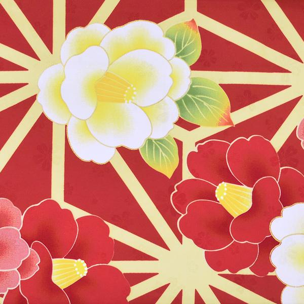 袷着物 単品「赤×黄麻の葉 赤白椿」フリーサイズ 着物 小紋 洗える着物