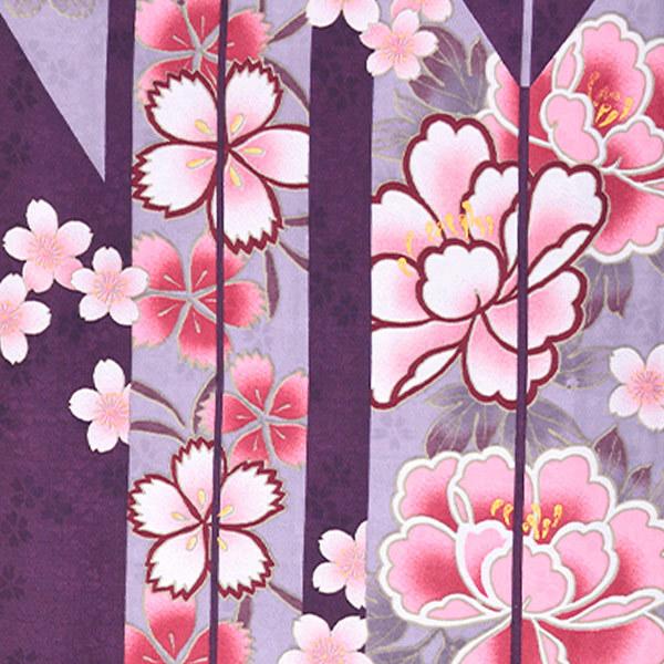 Prices down2）袷着物 単品「赤紫 矢羽根・牡丹」フリーサイズ 着物