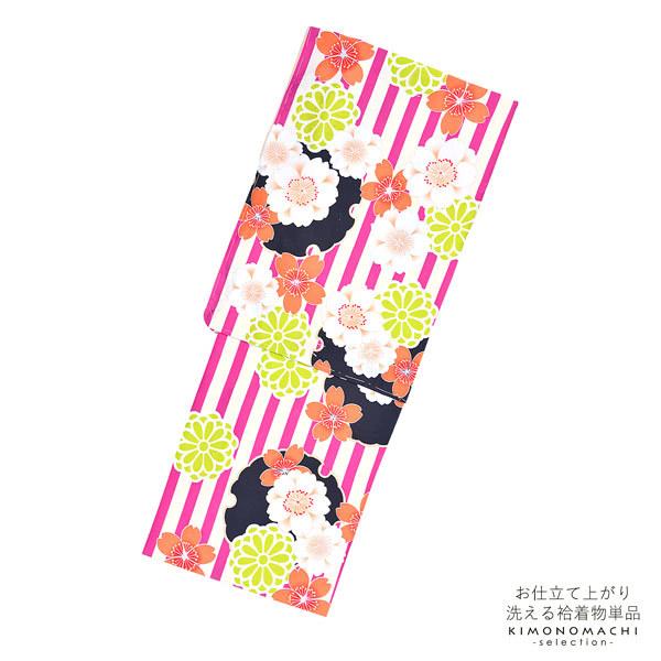 袷着物 単品「ピンクストライプ 黒雪輪に桜と菊」フリーサイズ 着物 小紋 洗える着物 お仕立て上がり 普段着きもの カジュアル着物 レディース ポリエステル 【メール便不可】ss2512kck35 袷着物 単品「ピンクストライプ 黒雪輪に桜と菊」フリーサイズ 着物