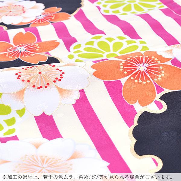 袷着物 単品「ピンクストライプ 黒雪輪に桜と菊」フリーサイズ 着物