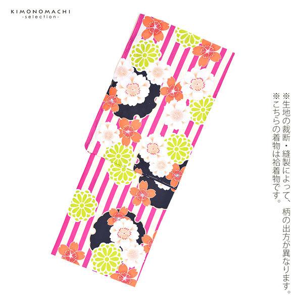 袷着物 単品「ピンクストライプ 黒雪輪に桜と菊」フリーサイズ 着物