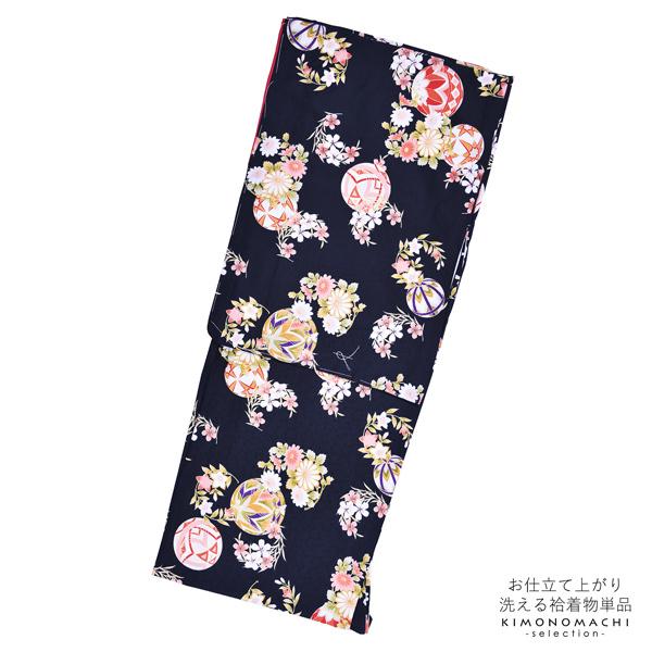袷着物 単品 「黒 手鞠に菊、桔梗、撫子」 フリーサイズ 着物 小紋 