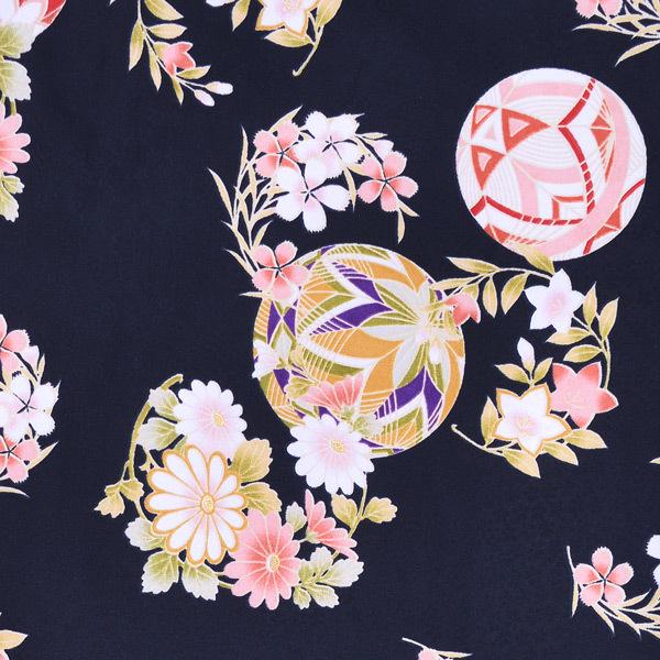 袷着物 単品 「黒 手鞠に菊、桔梗、撫子」 フリーサイズ 着物 小紋 