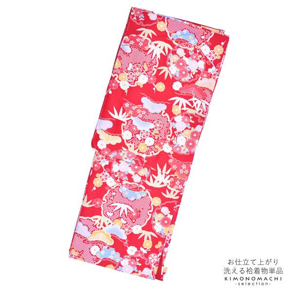 【Prices down】袷着物 単品「赤 雪輪に松竹梅と菊」フリーサイズ 着物 小紋 洗える着物 お仕立て上がり 普段着きもの カジュアル着物 レディース ポリエステル 【メール便不可】ss2512kck25 Prices down）袷着物 単品「赤 雪輪に松竹梅と菊」フリーサイズ 着物