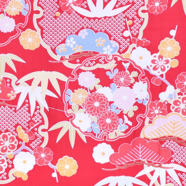 Prices down）袷着物 単品「赤 雪輪に松竹梅と菊」フリーサイズ 着物