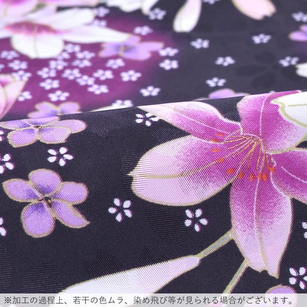 Prices down2）袷着物 単品「黒 ピンクの百合と小白桜」フリーサイズ