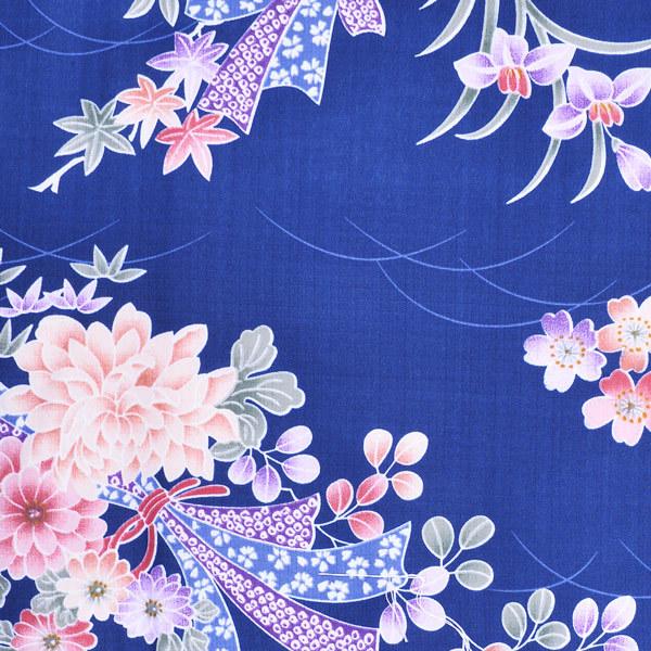 袷着物 単品「紺 菊・桜・熨斗」フリーサイズ 着物 小紋 洗える着物 お