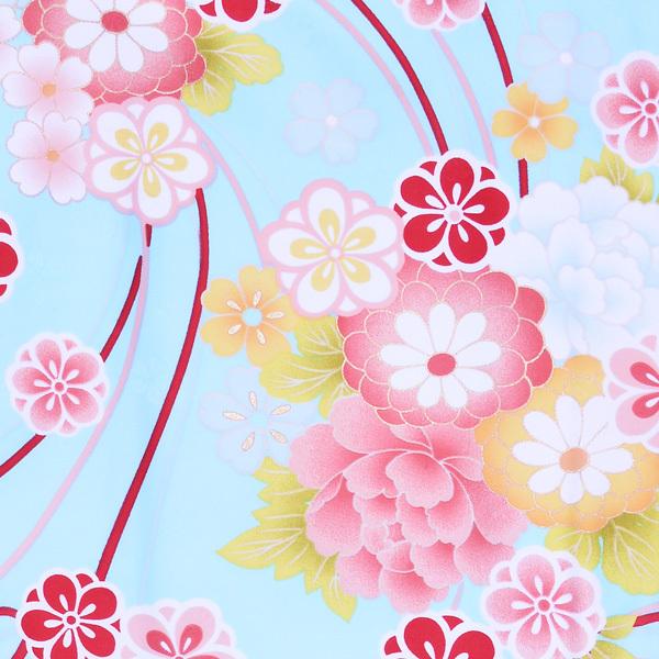 袷着物 単品「水色地 牡丹・菊・梅・リボン」フリーサイズ 着物 小紋