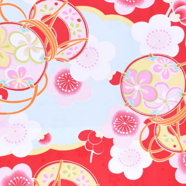 袷着物 単品「赤地 梅・鼓・雲取り」フリーサイズ 着物 小紋 洗える