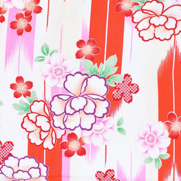 Prices down3）袷着物 単品「ピンク×朱色矢羽根に牡丹と桜