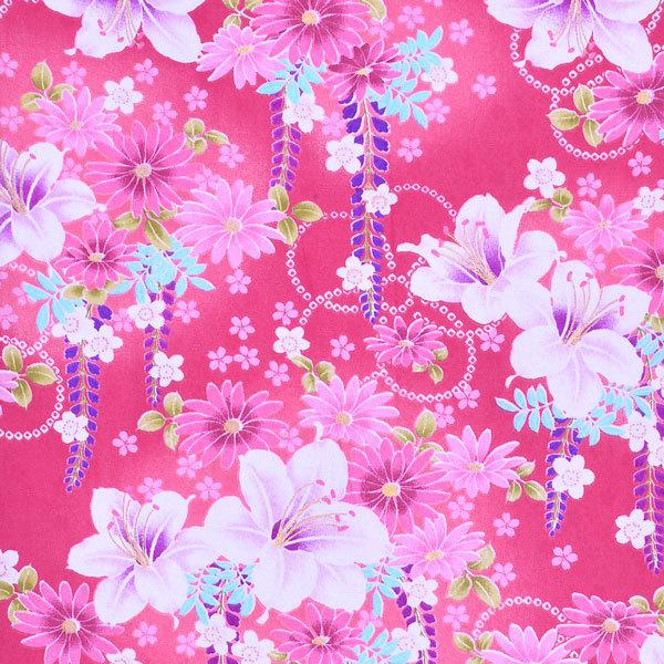 袷着物 単品 「ピンク 百合・藤・小桜」 フリーサイズ 着物 小紋
