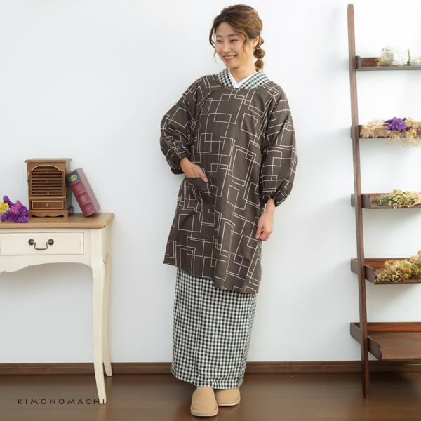 KIMONOMACHI ロング丈 割烹着 「チャコールグレー スクエア」 日本製