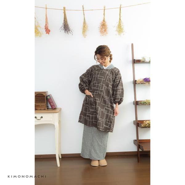 KIMONOMACHI ロング丈 割烹着 「チャコールグレー スクエア」 日本製