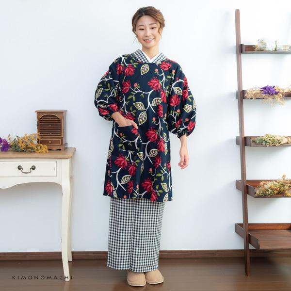 KIMONOMACHI ロング丈 割烹着 「ネイビーブラックモダンフラワー