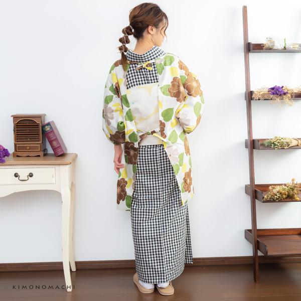 KIMONOMACHI ロング丈 割烹着 「ブラウンフラワー」 日本製 オシャレ